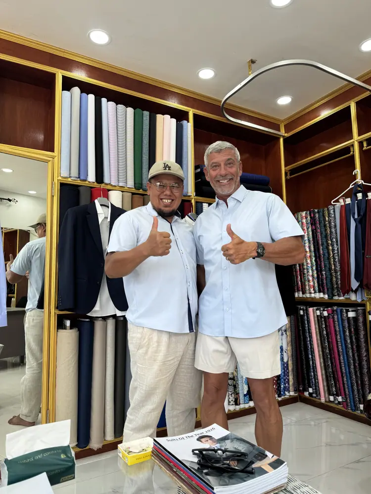 Client wearing a custom suit made at Marco Bespoke Tailor, Koh Samui