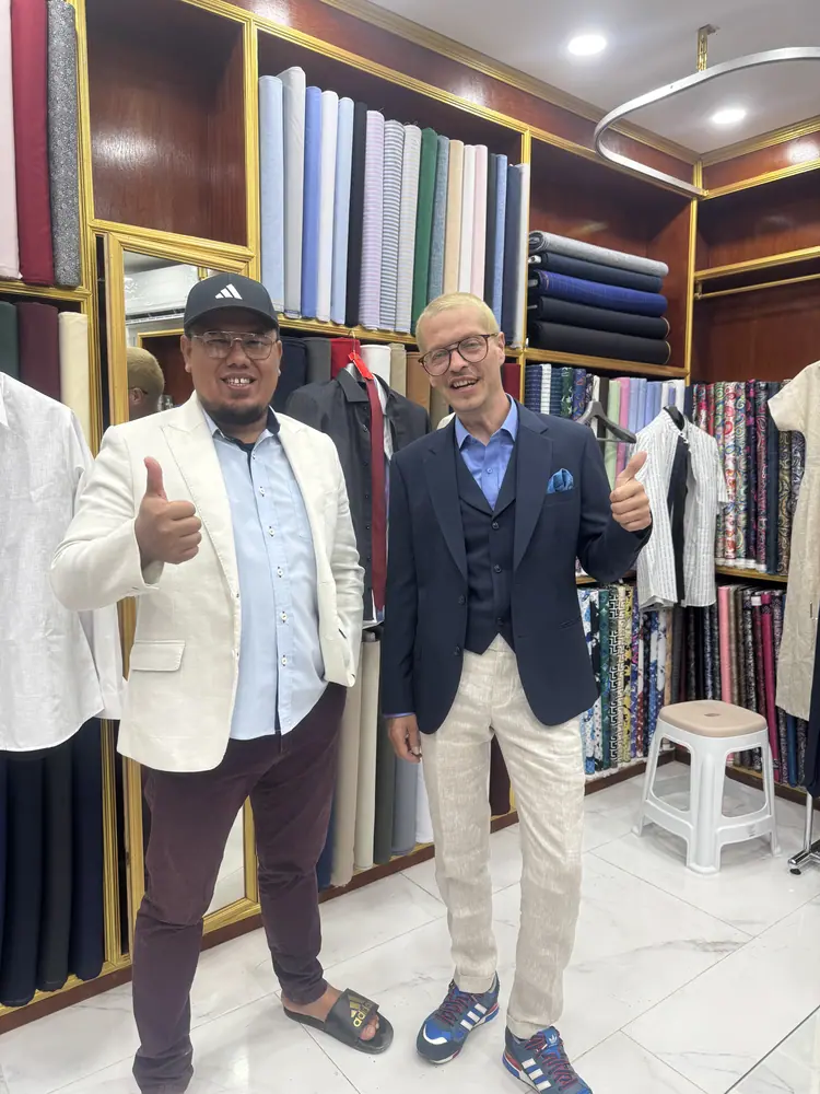 Client in a bespoke garment at Marco Bespoke Tailor, Bangrak