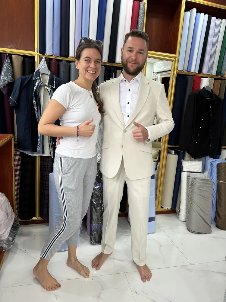 Client wearing a custom suit made at Marco Bespoke Tailor, Koh Samui