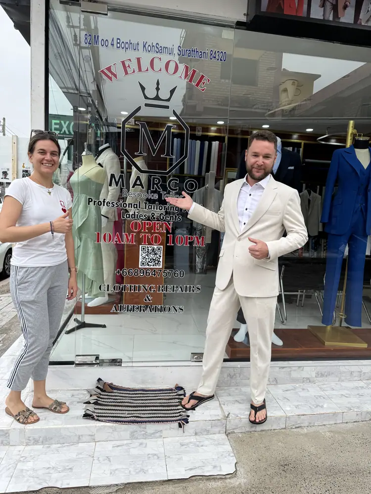 Made-to-measure outfit fitted at Marco's tailor shop in Bangrak, Koh Samui