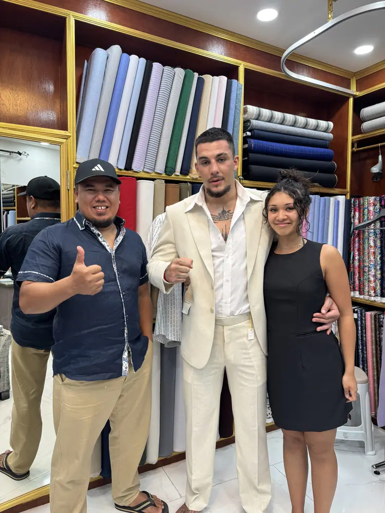 Client in a bespoke garment at Marco Bespoke Tailor, Bangrak