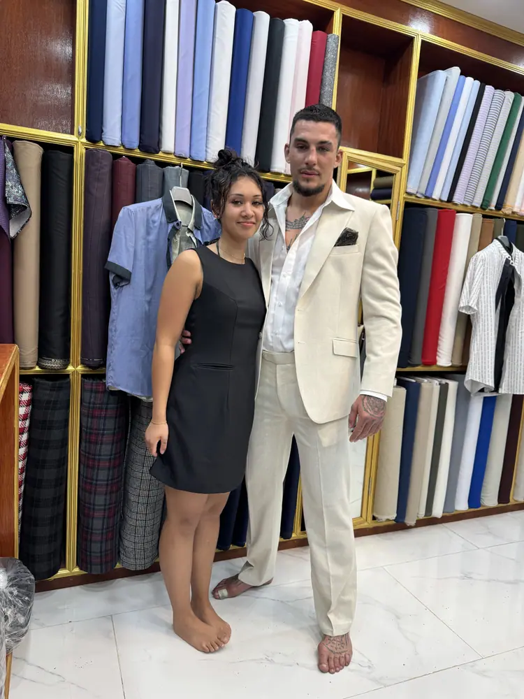 Client wearing a custom suit made at Marco Bespoke Tailor, Koh Samui