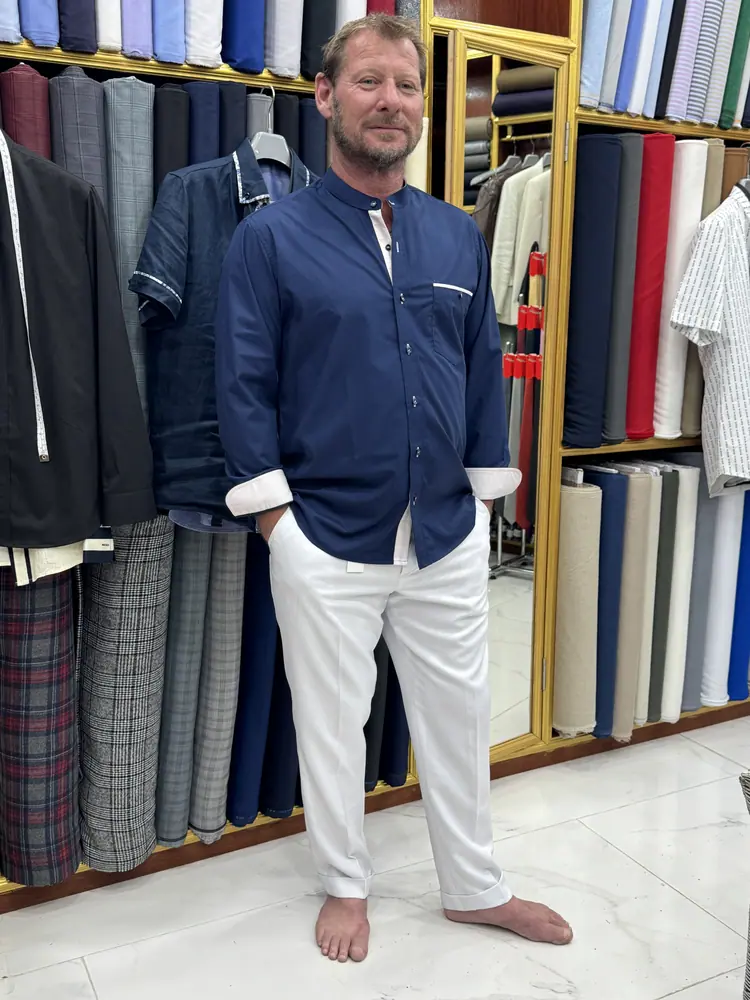 Client wearing a custom suit made at Marco Bespoke Tailor, Koh Samui