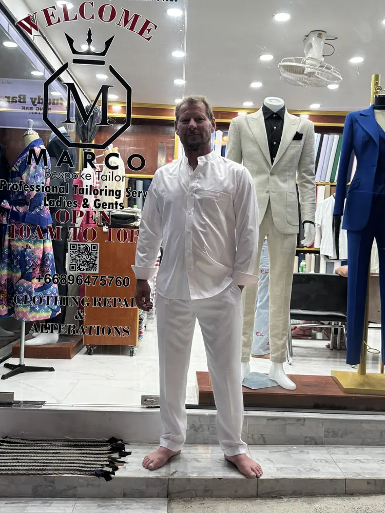 Made-to-measure outfit fitted at Marco's tailor shop in Bangrak, Koh Samui