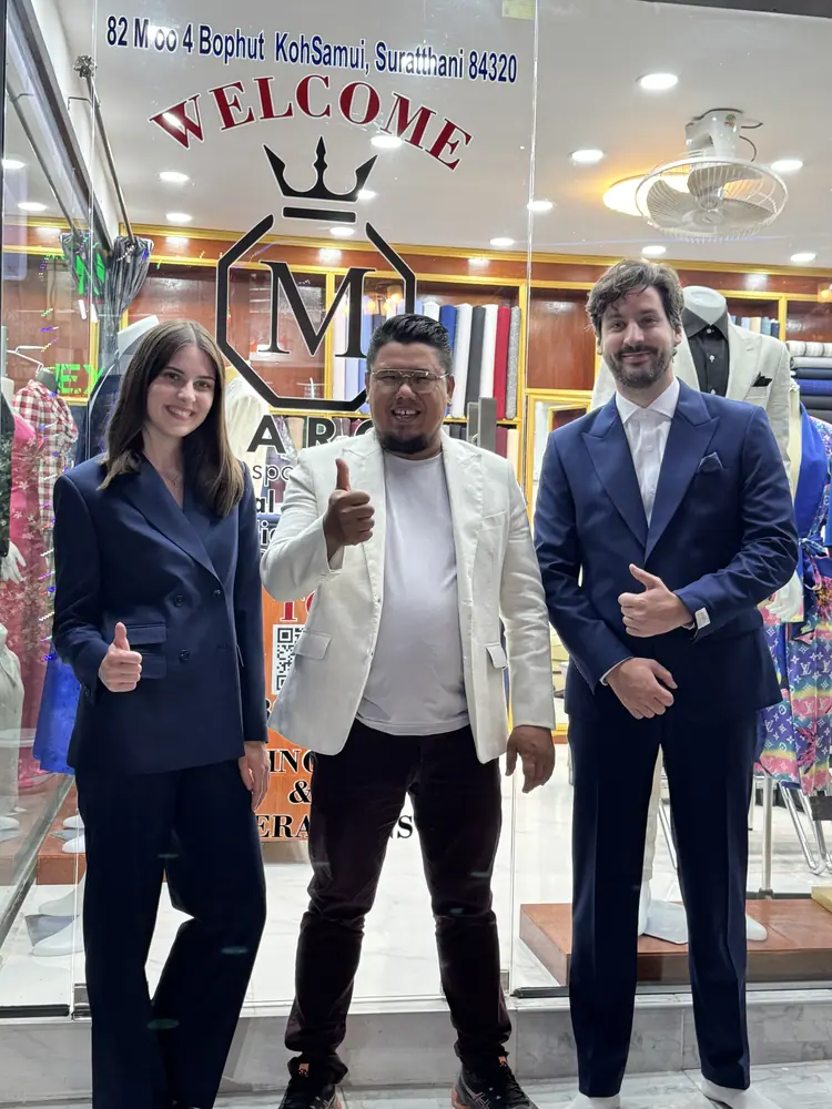 Client in a bespoke garment at Marco Bespoke Tailor, Bangrak