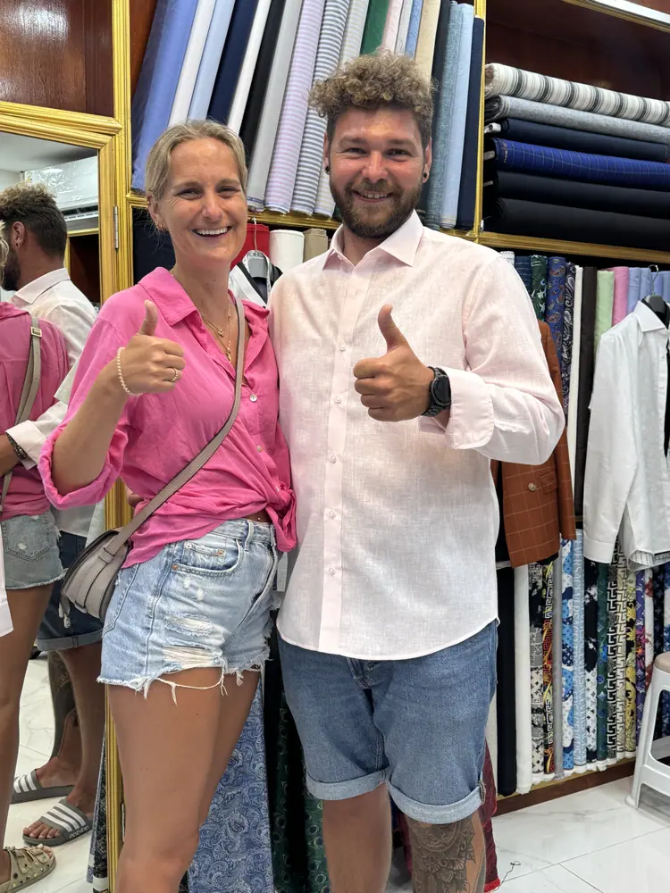 Client in a bespoke garment at Marco Bespoke Tailor, Bangrak
