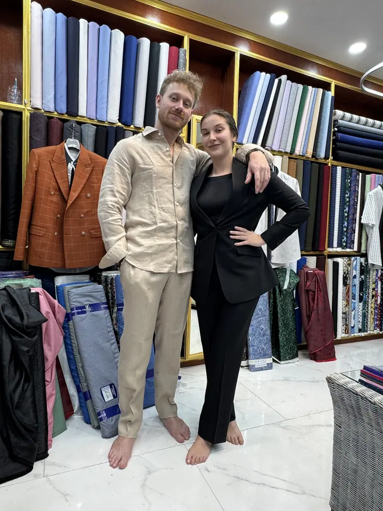 Client wearing a custom suit made at Marco Bespoke Tailor, Koh Samui