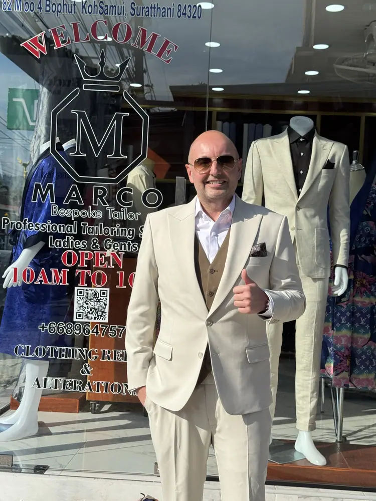 Client in a bespoke garment at Marco Bespoke Tailor, Bangrak