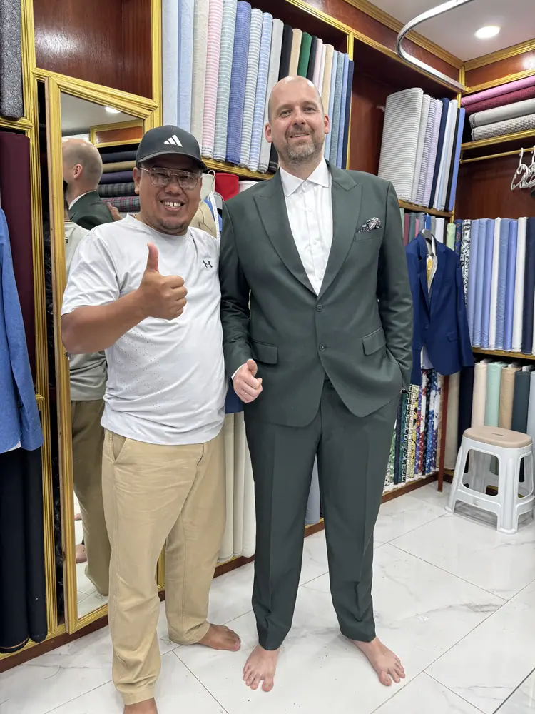 Client wearing a custom suit made at Marco Bespoke Tailor, Koh Samui