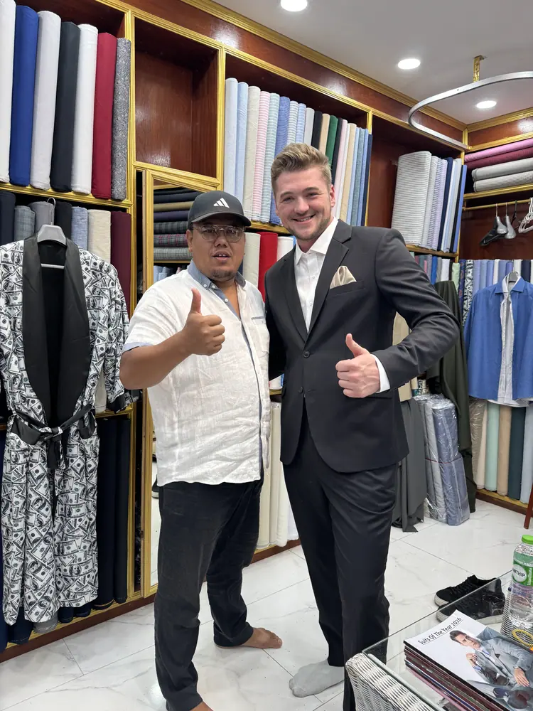 Client in a bespoke garment at Marco Bespoke Tailor, Bangrak