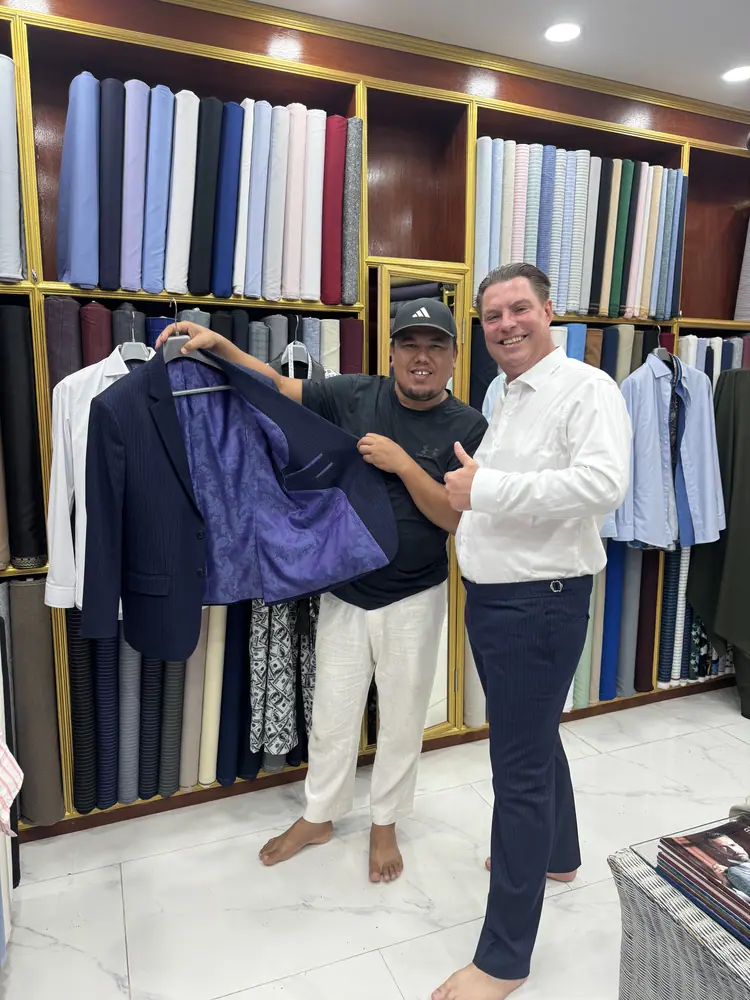 Client wearing a custom suit made at Marco Bespoke Tailor, Koh Samui