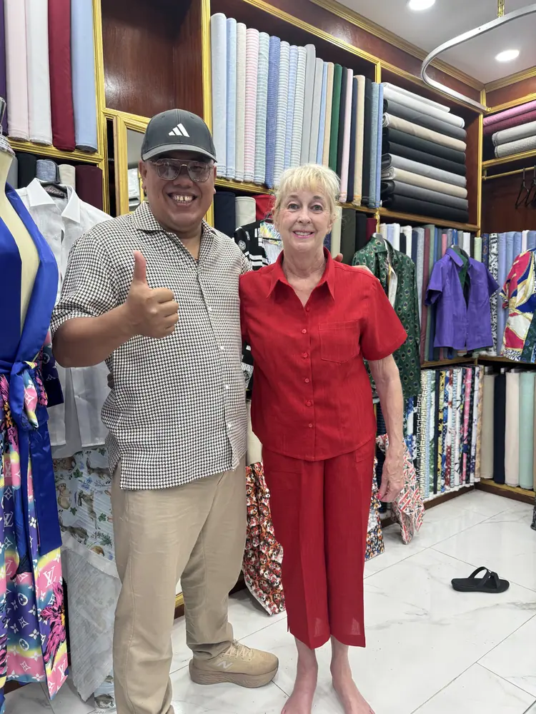 Client wearing a custom suit made at Marco Bespoke Tailor, Koh Samui