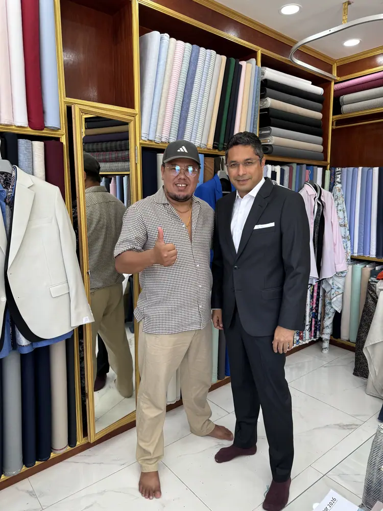 Client wearing a custom suit made at Marco Bespoke Tailor, Koh Samui
