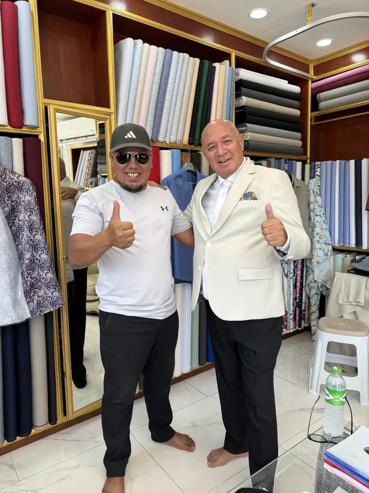 Client wearing a custom suit made at Marco Bespoke Tailor, Koh Samui
