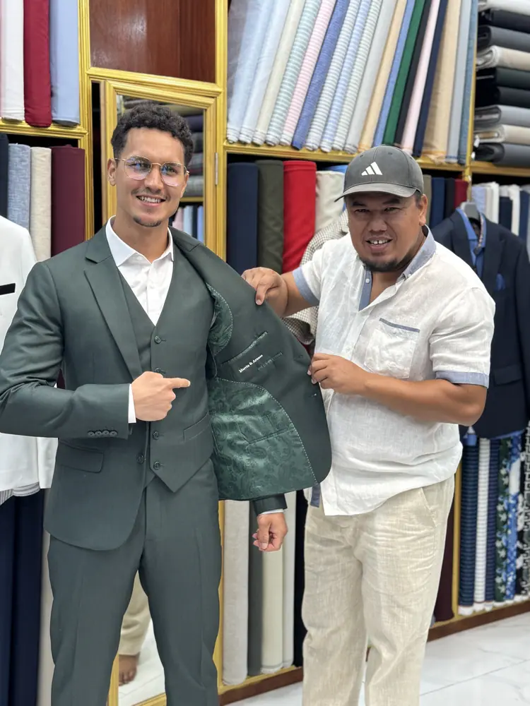 Client wearing a custom suit made at Marco Bespoke Tailor, Koh Samui