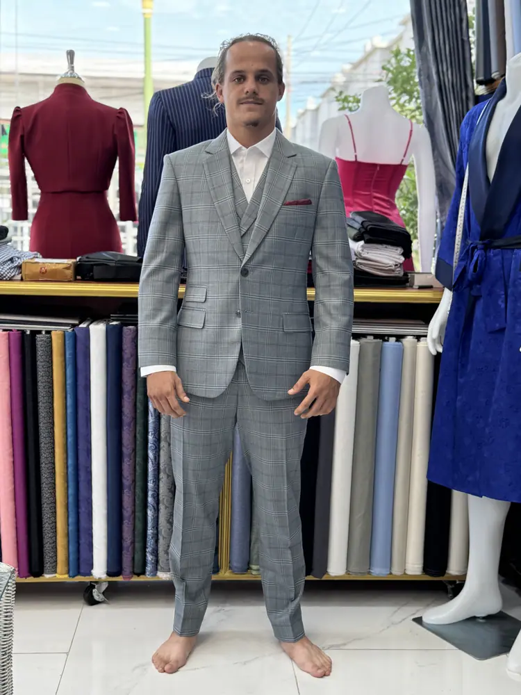 Client wearing a custom suit made at Marco Bespoke Tailor, Koh Samui