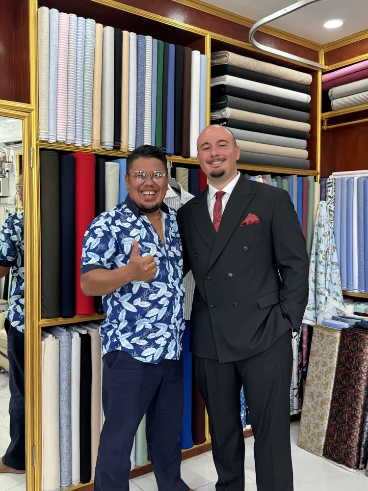 Client wearing a custom suit made at Marco Bespoke Tailor, Koh Samui