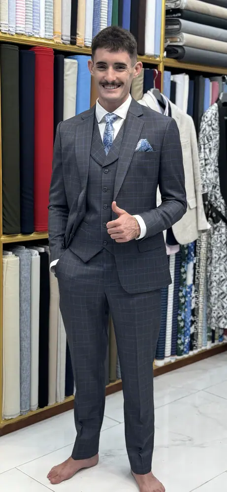 Client wearing a custom suit made at Marco Bespoke Tailor, Koh Samui