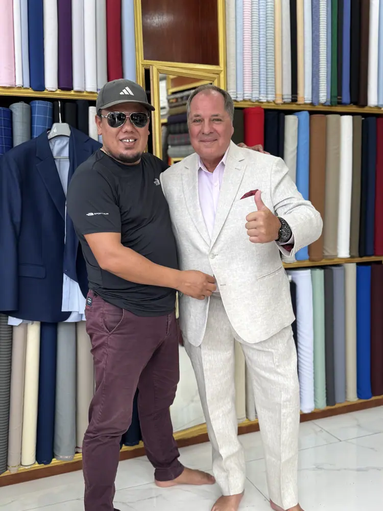Client in a bespoke garment at Marco Bespoke Tailor, Bangrak