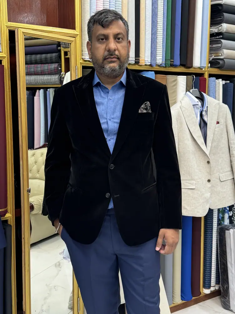 Client wearing a custom suit made at Marco Bespoke Tailor, Koh Samui