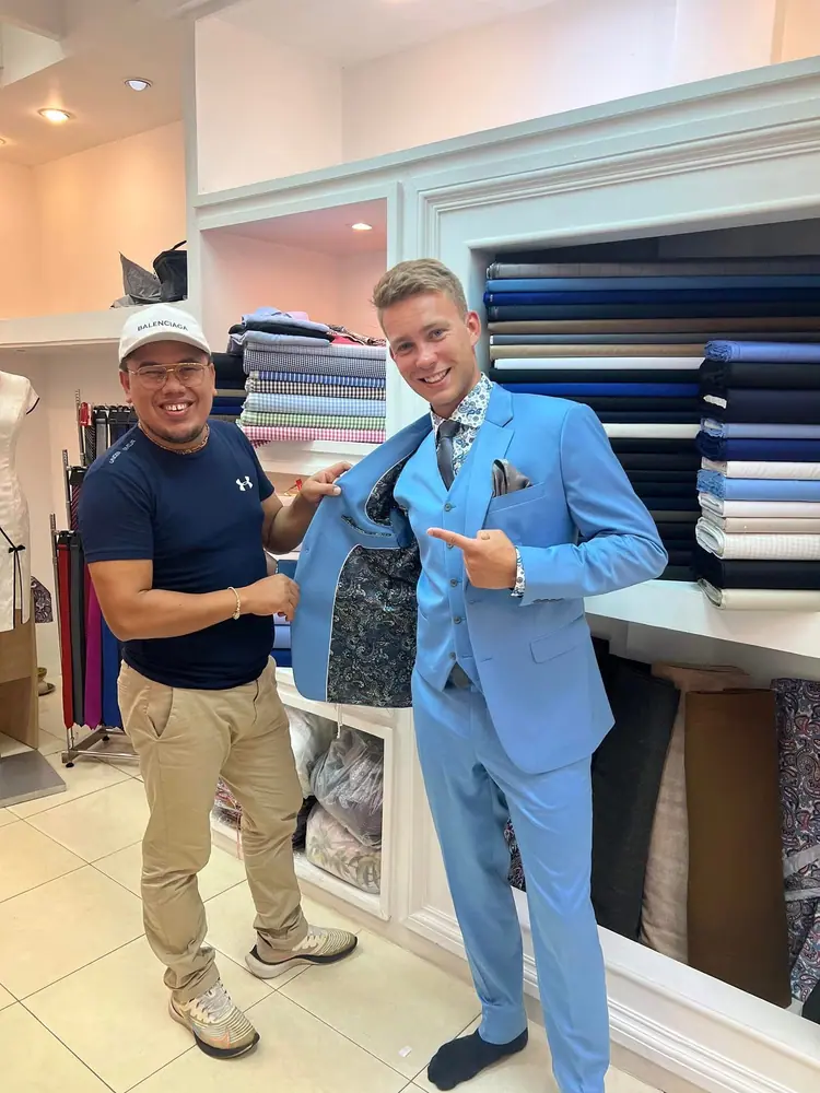Client in a bespoke garment at Marco Bespoke Tailor, Bangrak