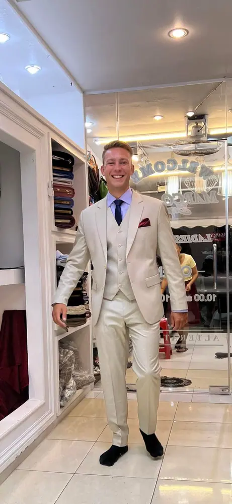 Client wearing a custom suit made at Marco Bespoke Tailor, Koh Samui
